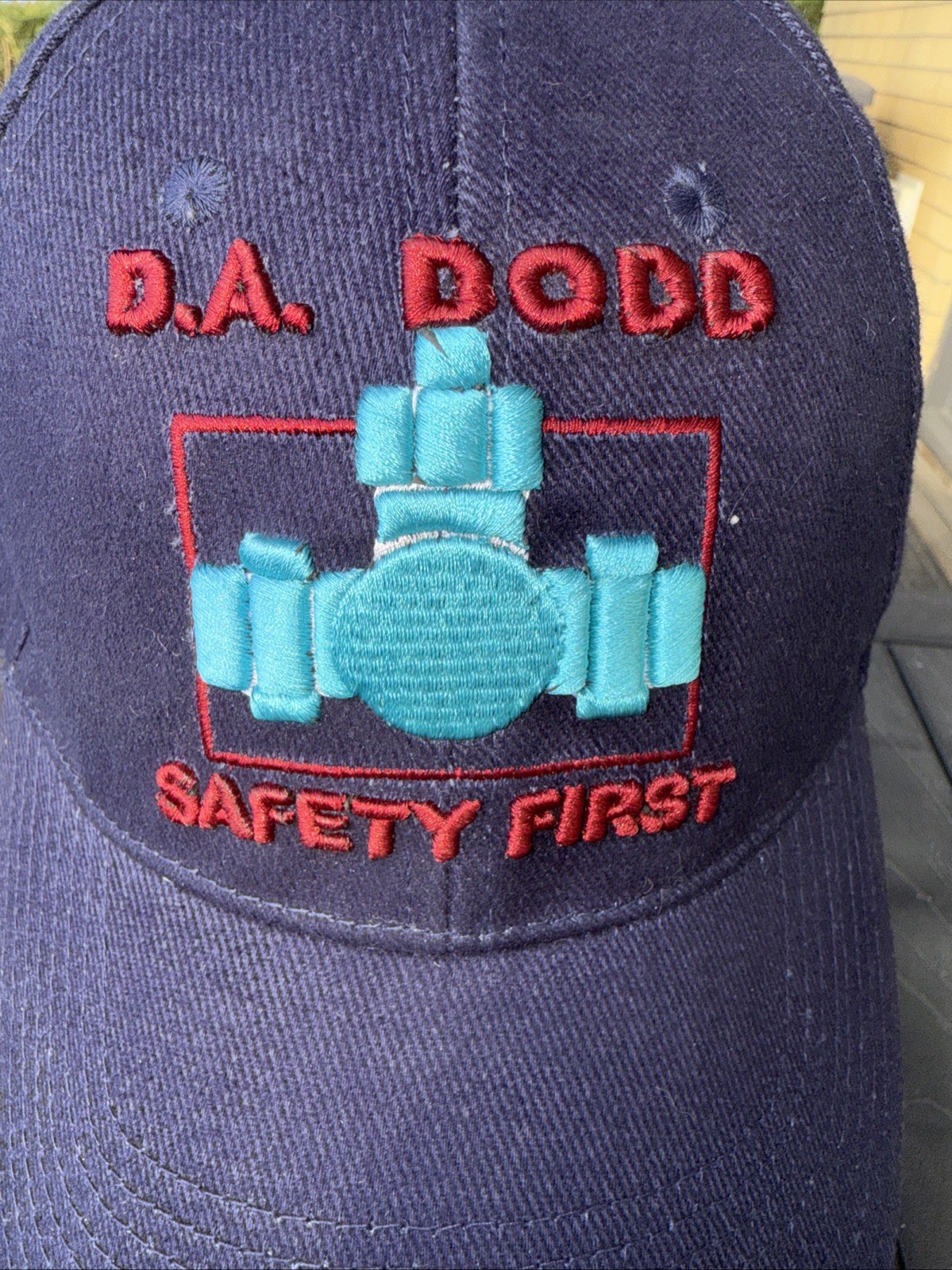D.A. DODD Safety First in Red w Aqua Logo on Cotton Hat Cap Hook Loop