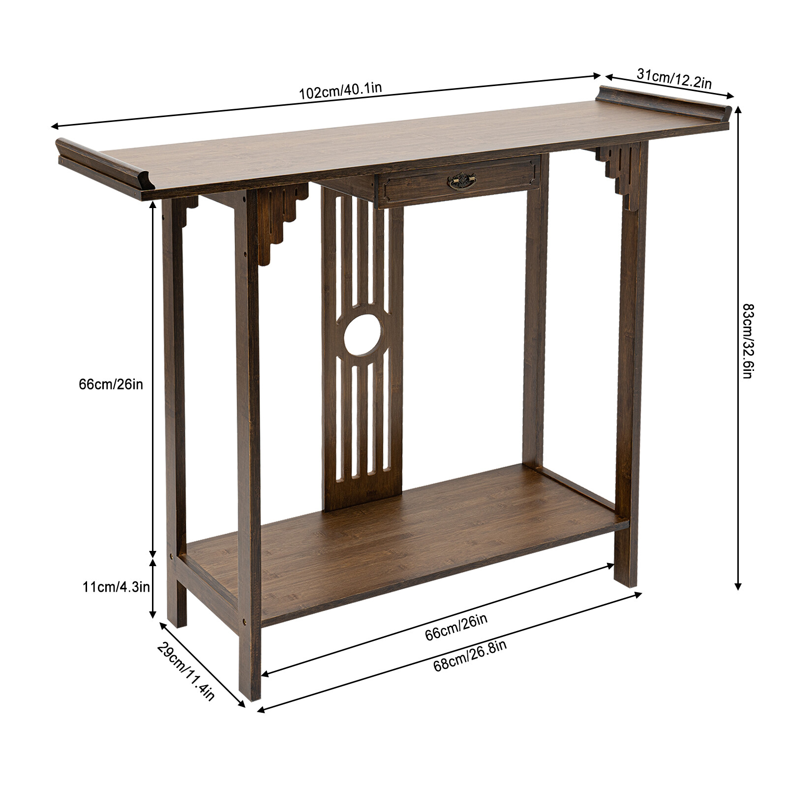2 Tiers Walnut Sofa Table Bamboo Entryway Table Table With Storage Shelves