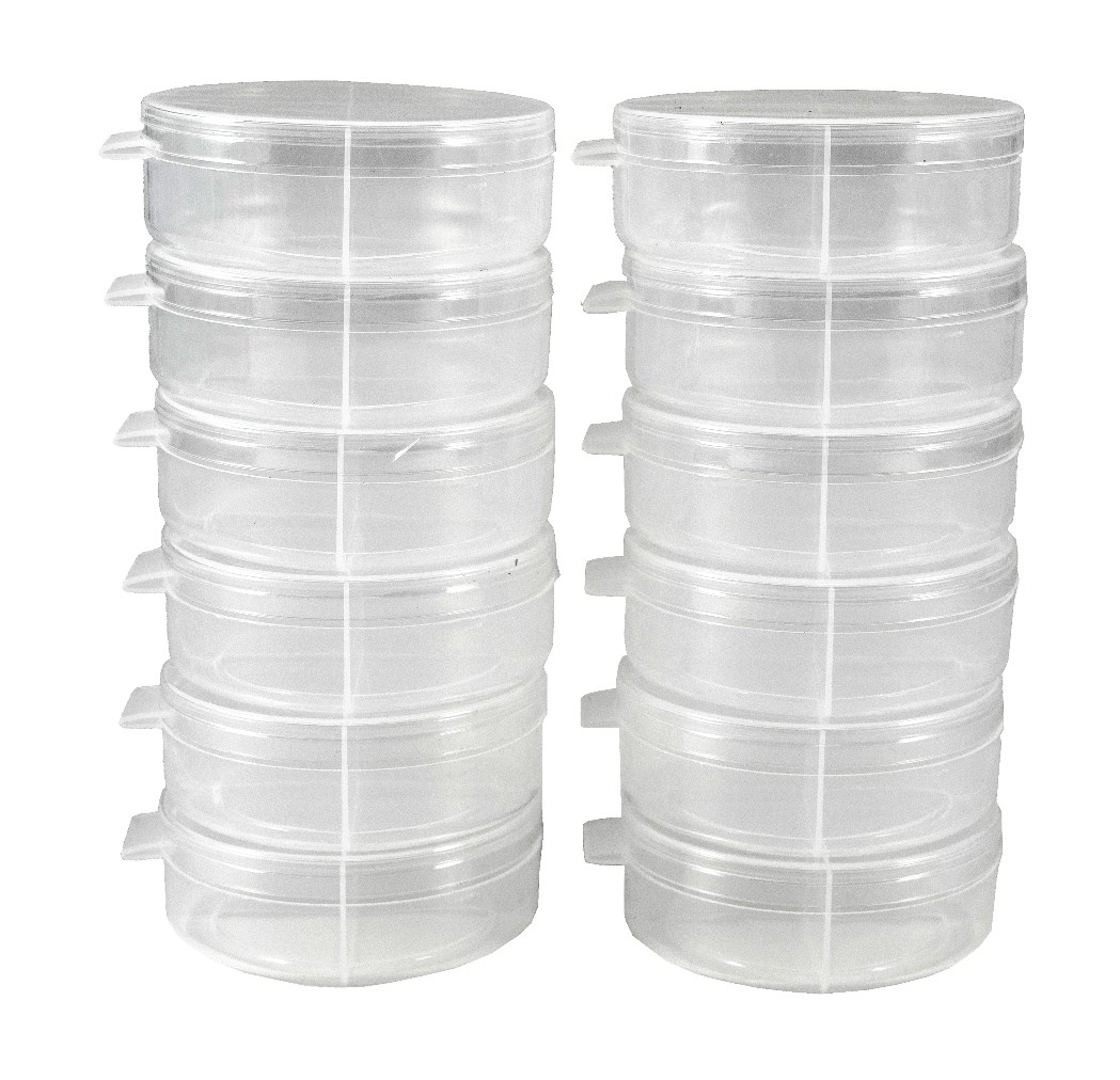 12 Count - Clear Divided Plastic Round Containers w/ Attached Lids - Shuttle Cup