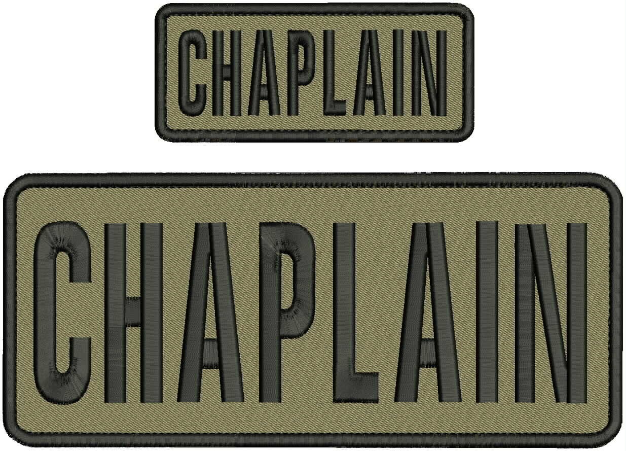 CHAPLAIN embroidery patches 4x10 and 2x5 hook back Black on coyote tan