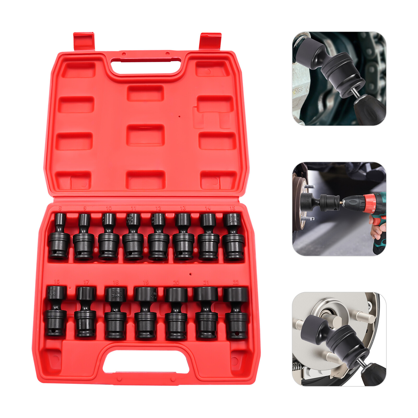 3/8" Drive Shallow Impact Universal Joint Socket Set, 15-Piece Swivel Socket Set