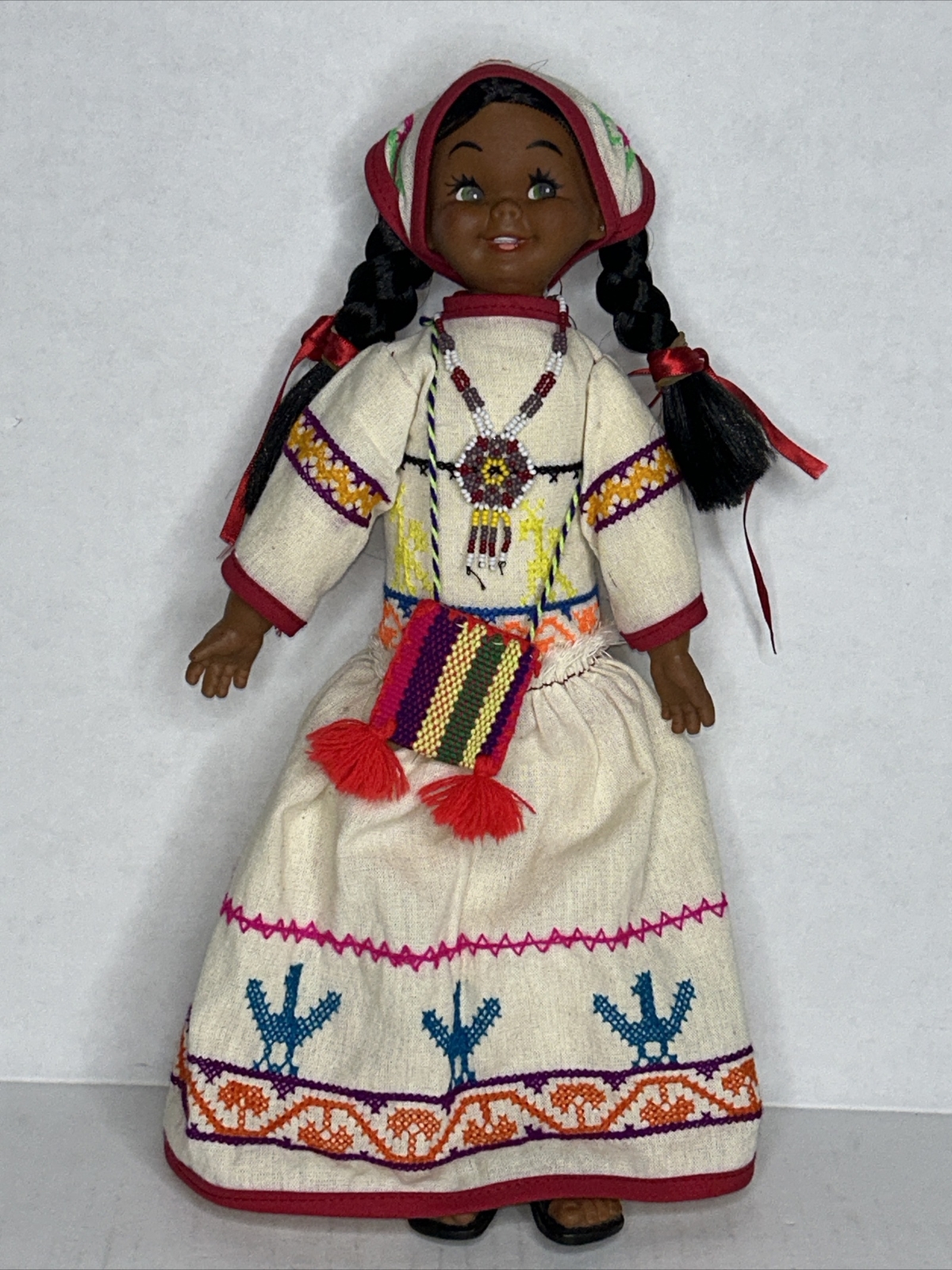 Artisian Doll South American, Peru, Mexico 14” Rubber Cloth Body Beaded Jewelry