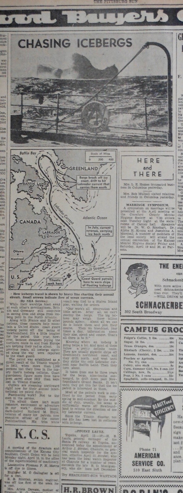 1940 newspaper article "Chasing Icebergs" - Iceberg routes on N. America coast