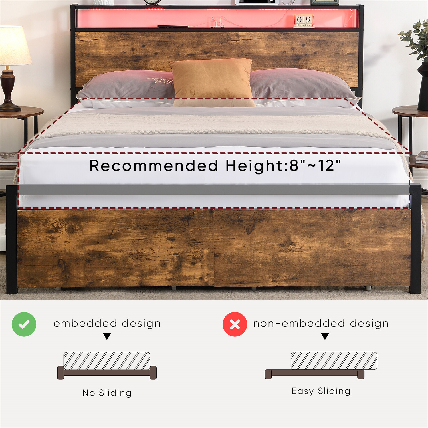 Queen Size Bed Frame with Storage Headboard & 2 Drawer Metal Platform Bed New