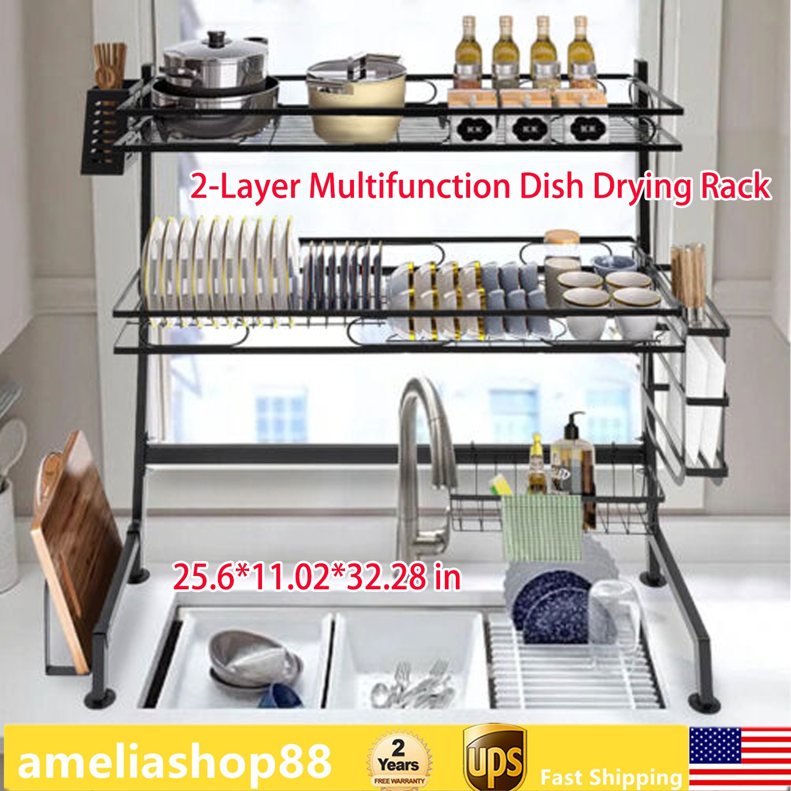 2 Tier Over The Sink Dish Drying Rack Stainless Steel Kitchen Dish Drainer Black