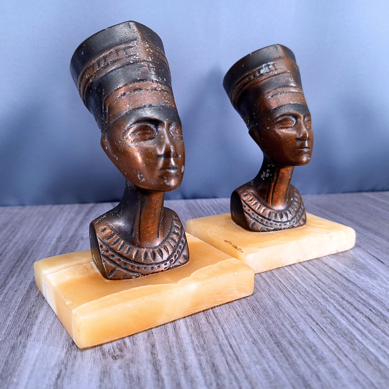 Vintage Decorative Nefertiti Bronze Busts on Marble Bases - See Condition