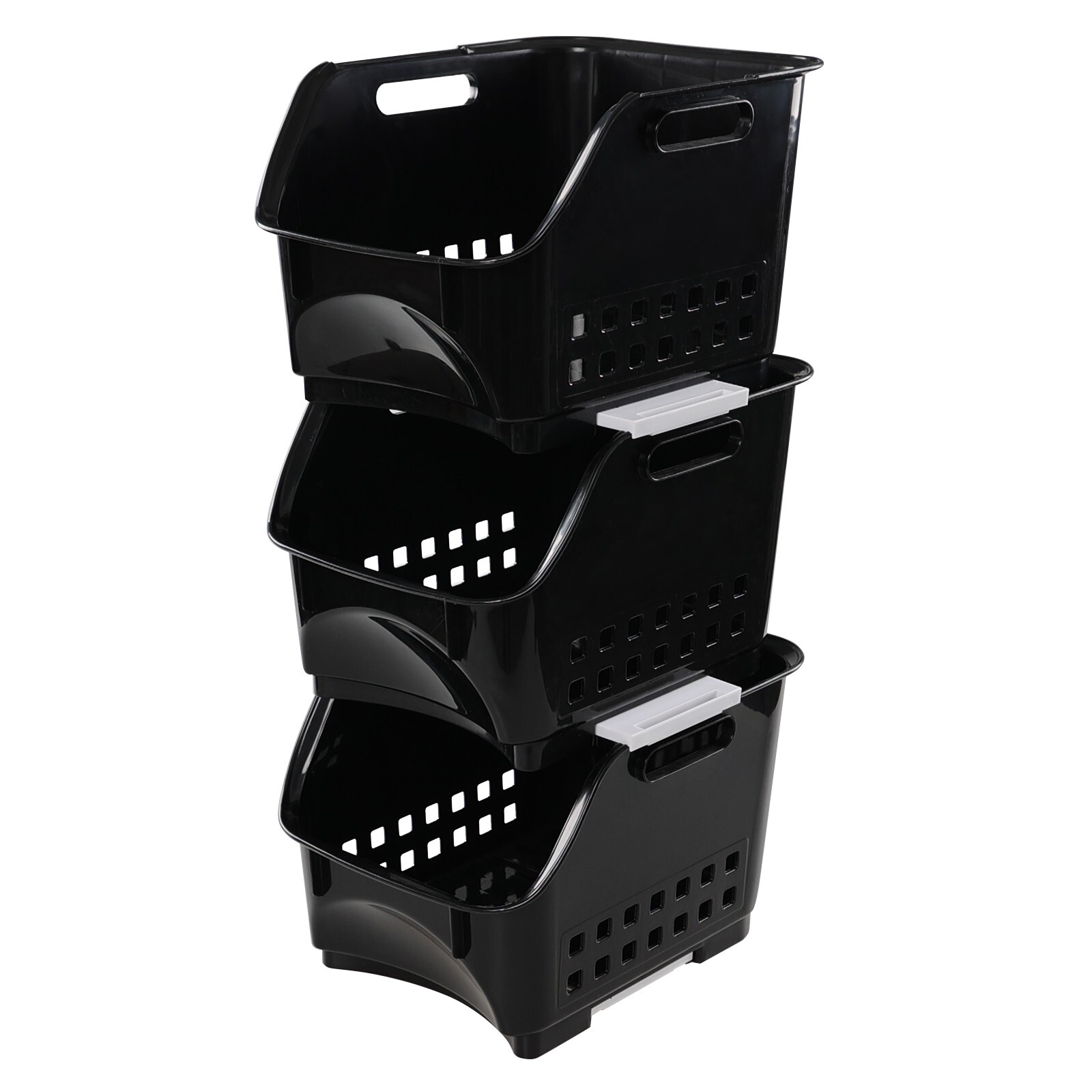 Cand 3-Pack Black Plastic Stacking Organizer Basket, Plastic Stackable Basket