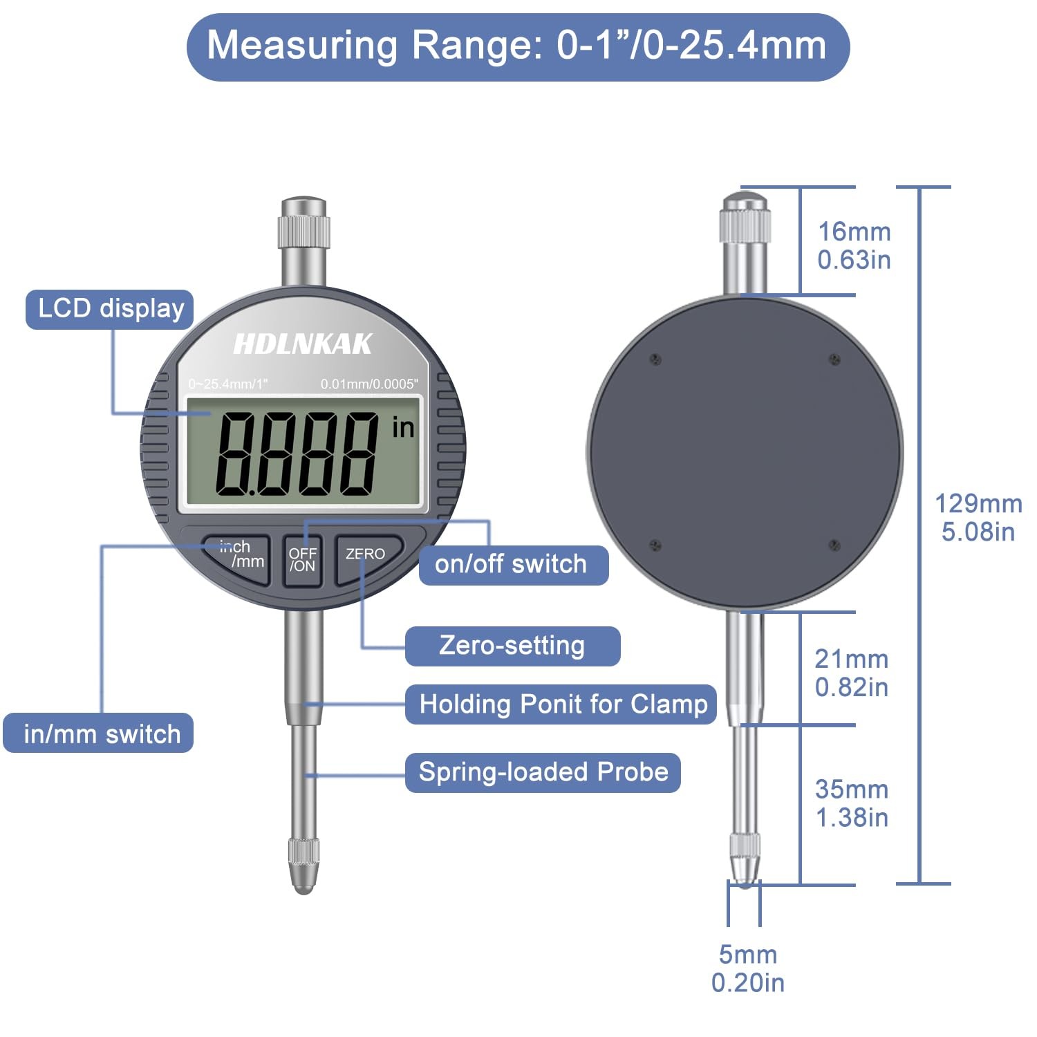 HDLNKAK Electronic Digital Dial Indicator Under 3 Inches, 1”Dial