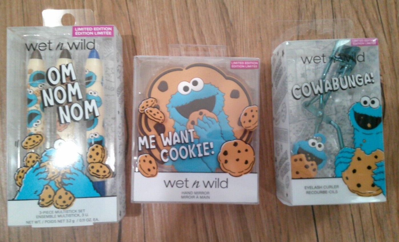 3 NEW Sesame Street Cookie Monster hand mirror 3 pc multistick eyelash curler