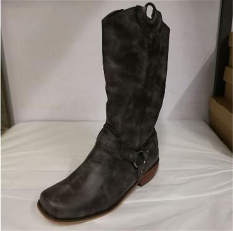 Men's Ankle Boots Leather Motor Cowboy Western Square Toe Zipper Shoes Boot
