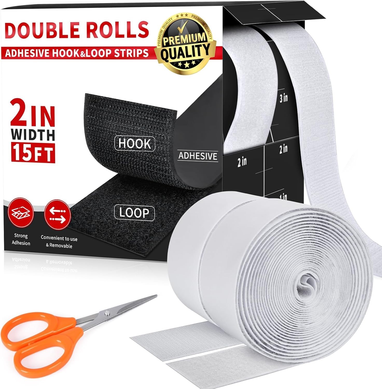 2 Inch X 15Ft Hook and Loop Strips with Adhesive, Double Sided Self Adhesive, Ny