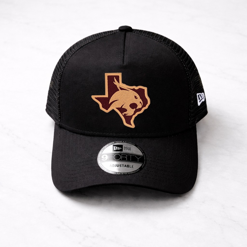 Texas State Bobcats 9Forty New Era Black Mesh Trucker Hat, Embroidery Logo