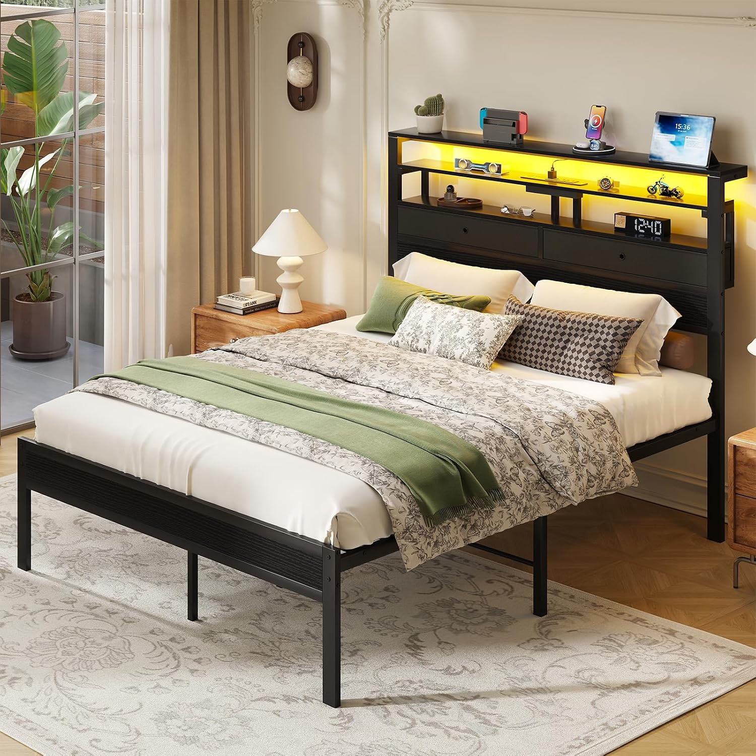 Queen Bed Frame with LED Lights and Charging Station, Platform Bedframe with Sto