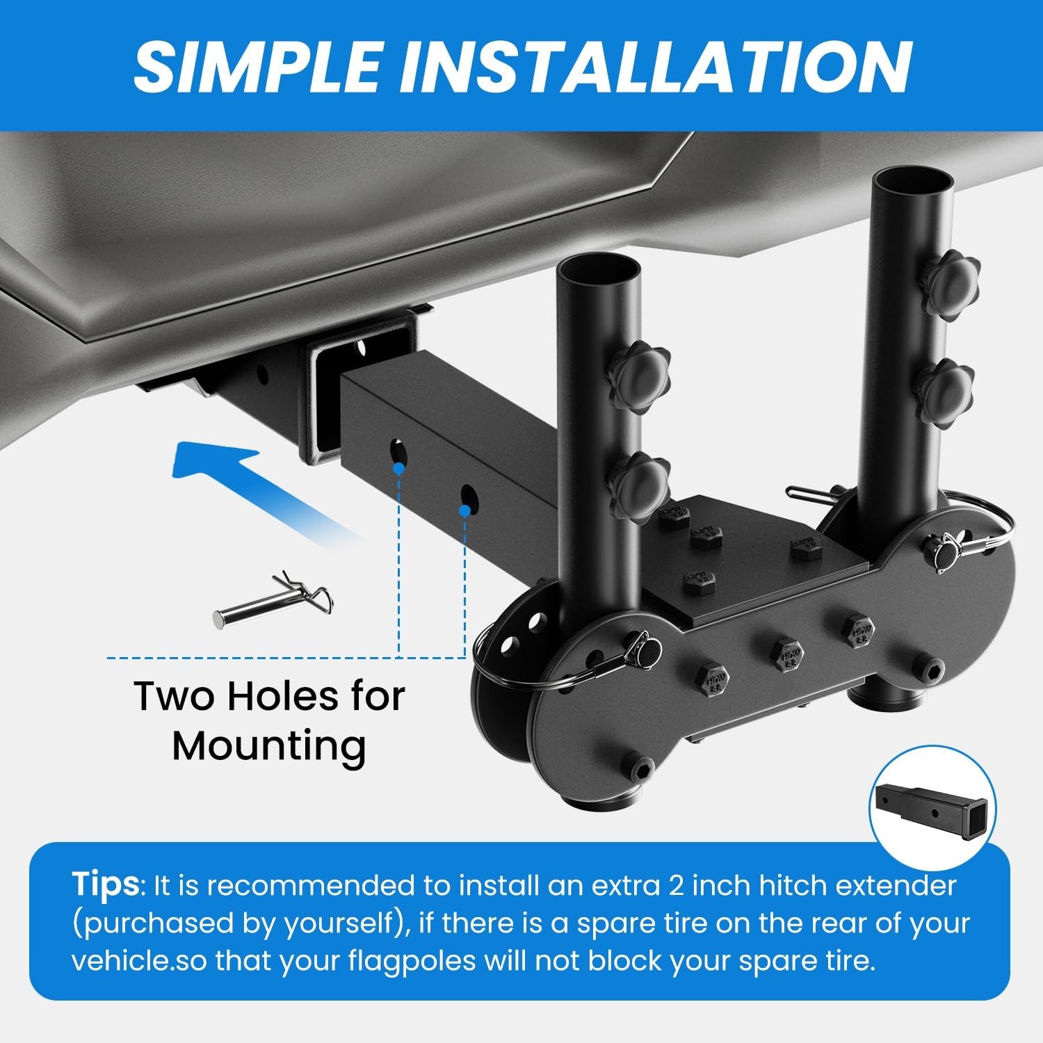 Adjustable Angle Double Hitch Mount Flagpole Holder | All Metal Durable , Fit...