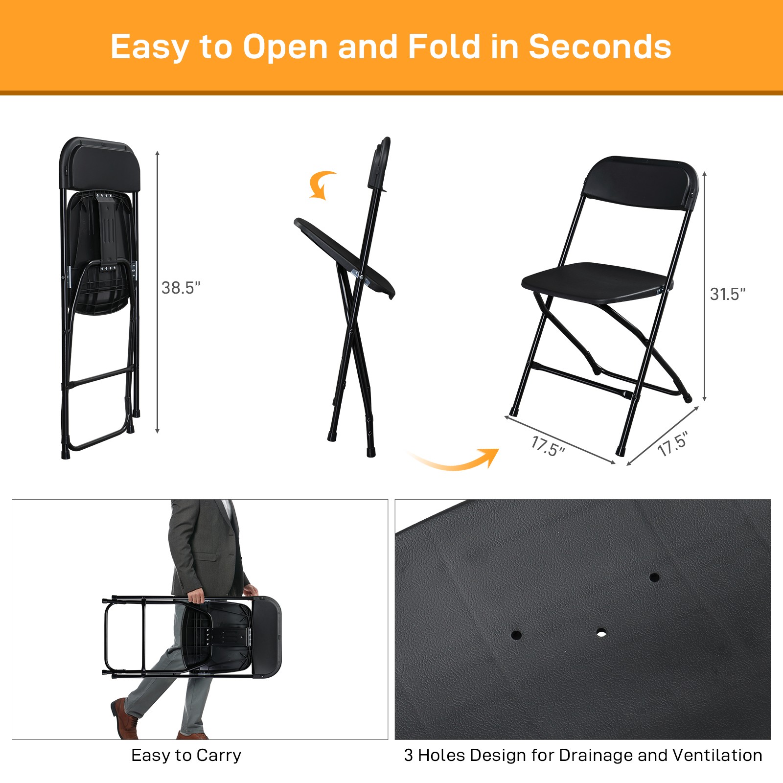 10PCS Black High Quality Commercial Wedding Stackable Folding Steel Chairs Party