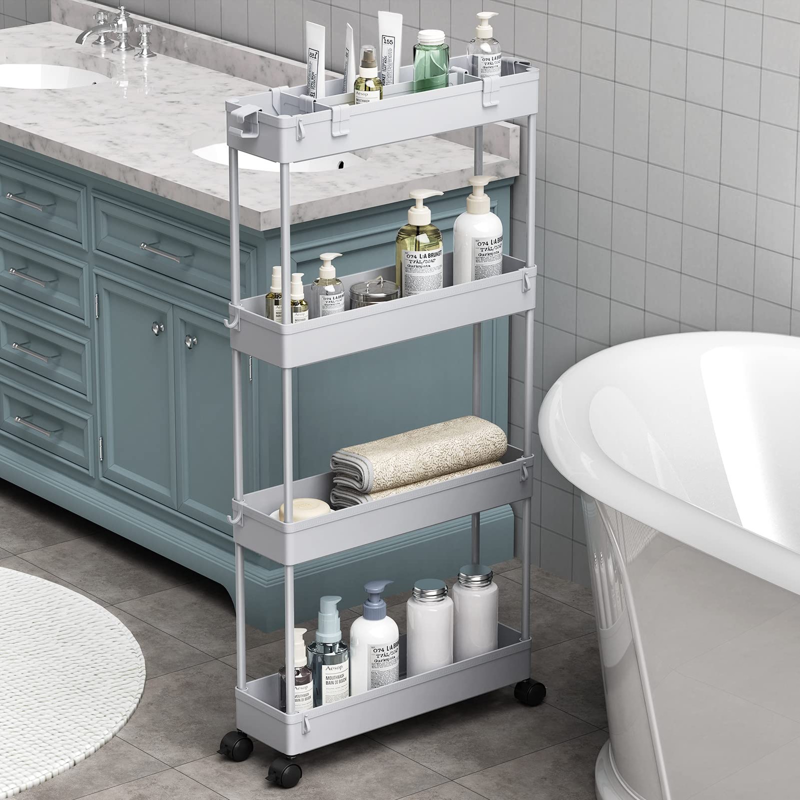 SPACELEAD Slim Storage Cart 4 Tier,Bathroom Organizer Rolling Utility,Mobile