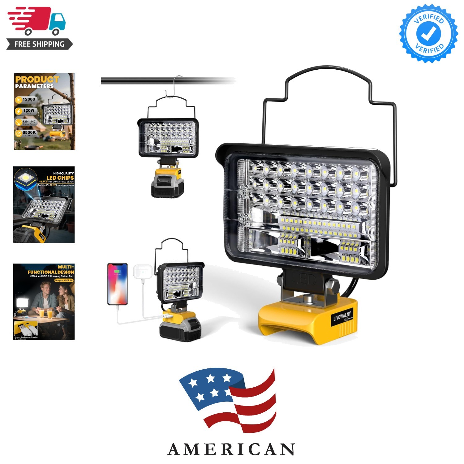 Cordless LED Work Light Compatible with Dewalt, 120W 12000LM 5" 20V Battery F...