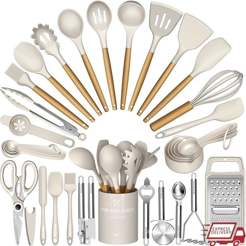34PCS Silicone Kitchen Utensils Set W/ Wooden Handles Cooking Tools Holder New