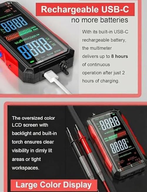 Rechargeable Digital Multimeter 6000 Counts True RMS Smart Tester with 5 Red