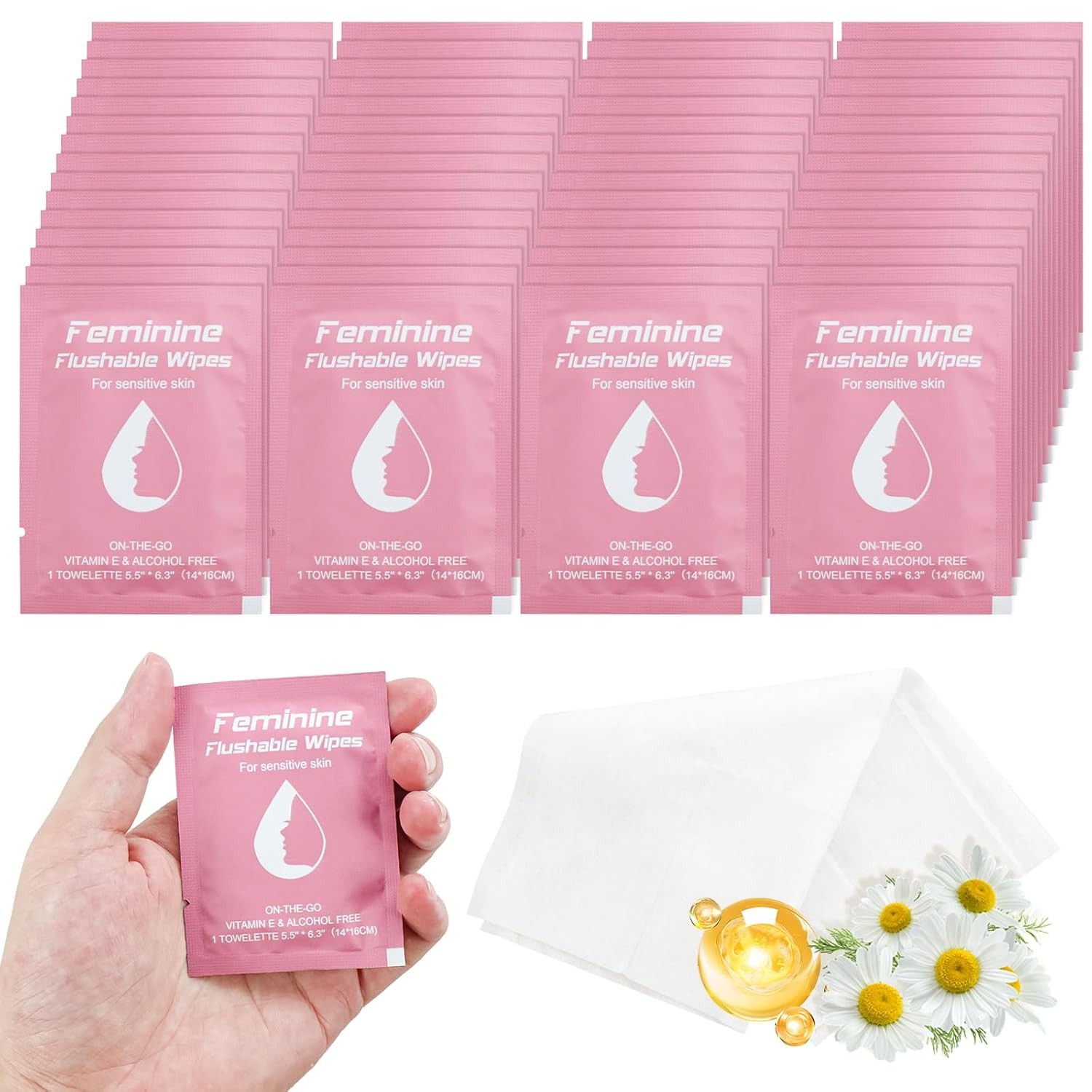 50 Feminine Wipes Flushable Travel Individually Wrapped, Travel Wipes for Women,