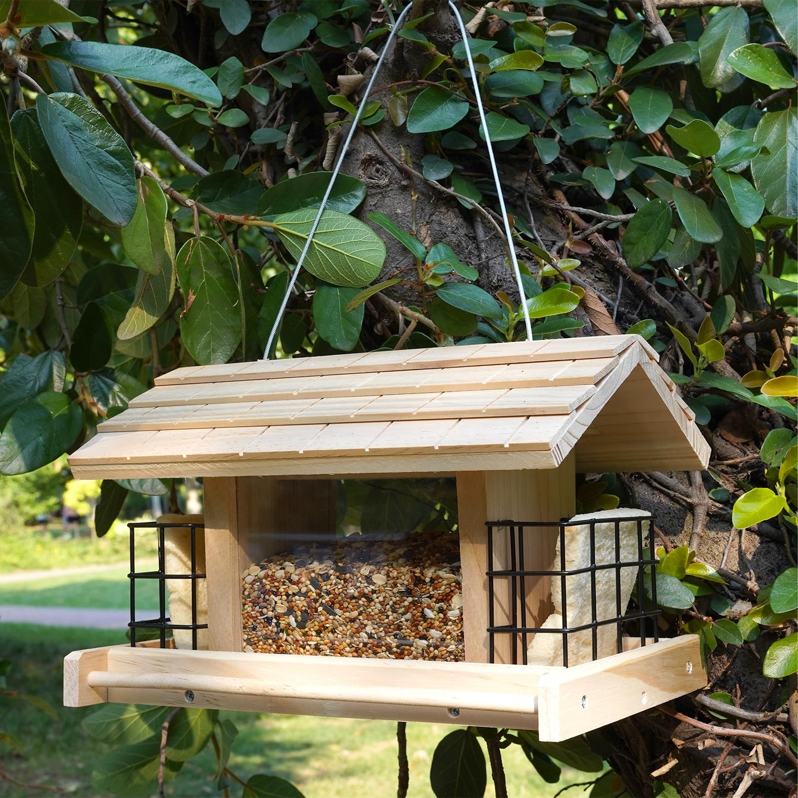Liawm Wooden Bird Feeder for Outdoors Hanging Mount Large Capacity, Pine
