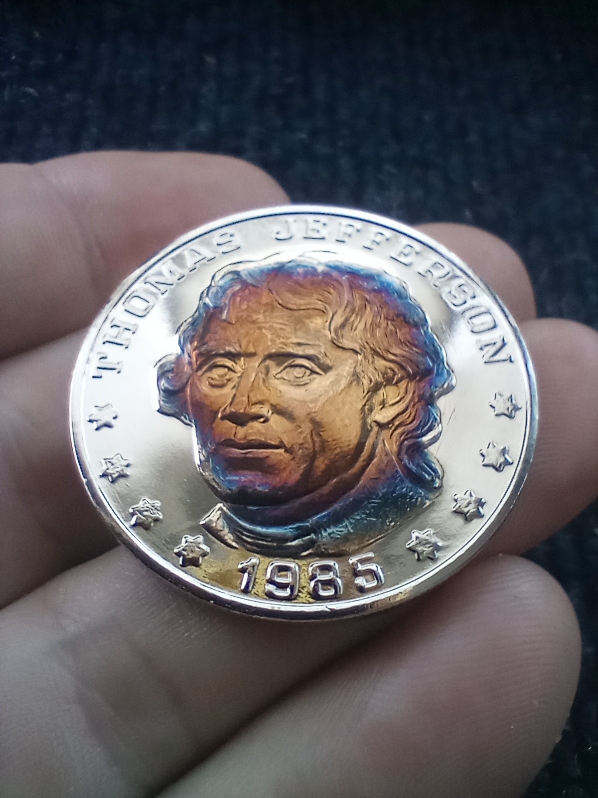1985 Thomas Jefferson 185th Anniversary. Toned Face. Commemorative Coin