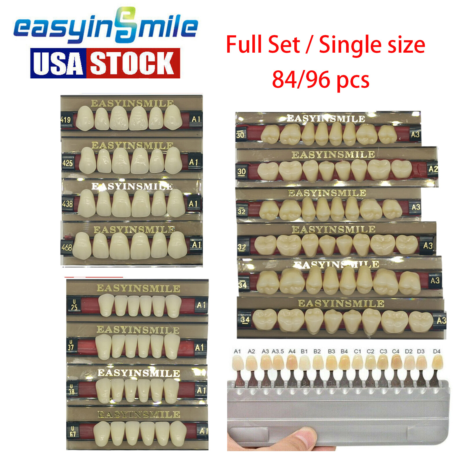 84/96Pcs Dental Resin Acrylic Teeth Denture DIY Full Set Teeth Shade A1/A2/A3