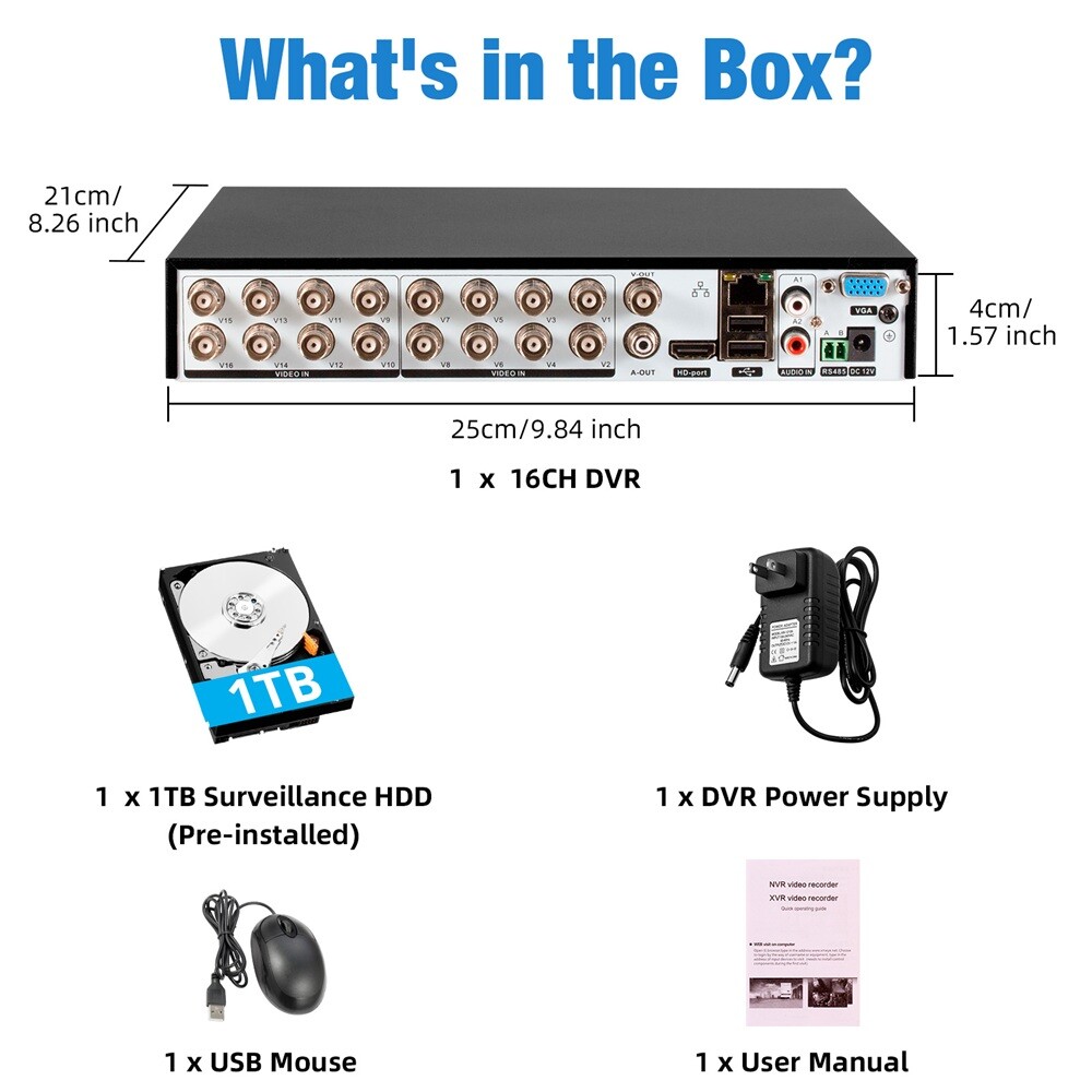 16CH Low Consumption CCTV DVR Recorder 1TB Hard Drive Motion Trigger Record
