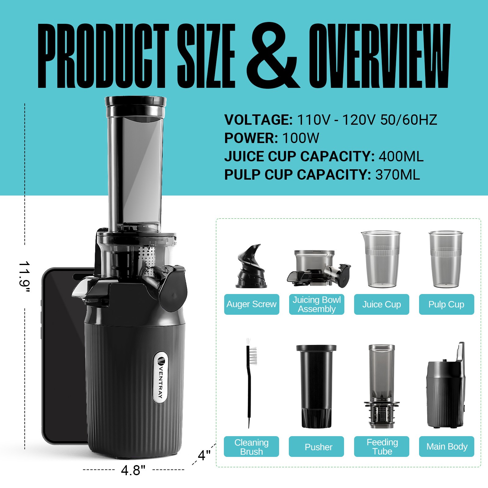 Ventray Essential Ginnie Juicer Compact Small Cold Press Juicer Slow Juicer