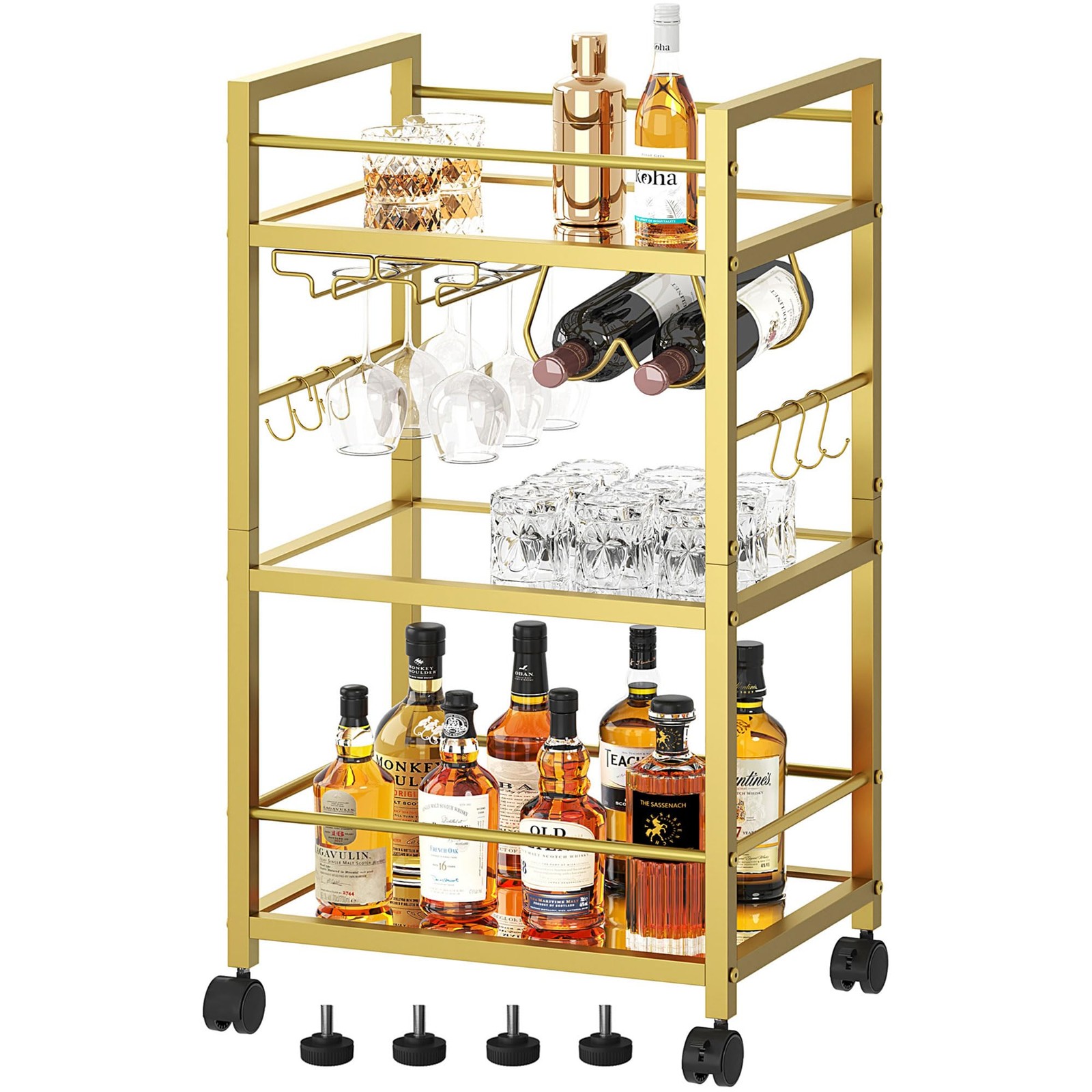 Bar Cart Serving for Home Microwave Drink Mobile Kitchen Shelf with Wine Rack