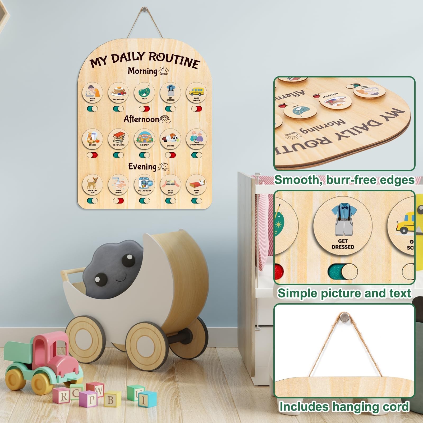 Wooden Chore Chart for Kids - Daily Visual Routine Schedule with 80 Task Card...