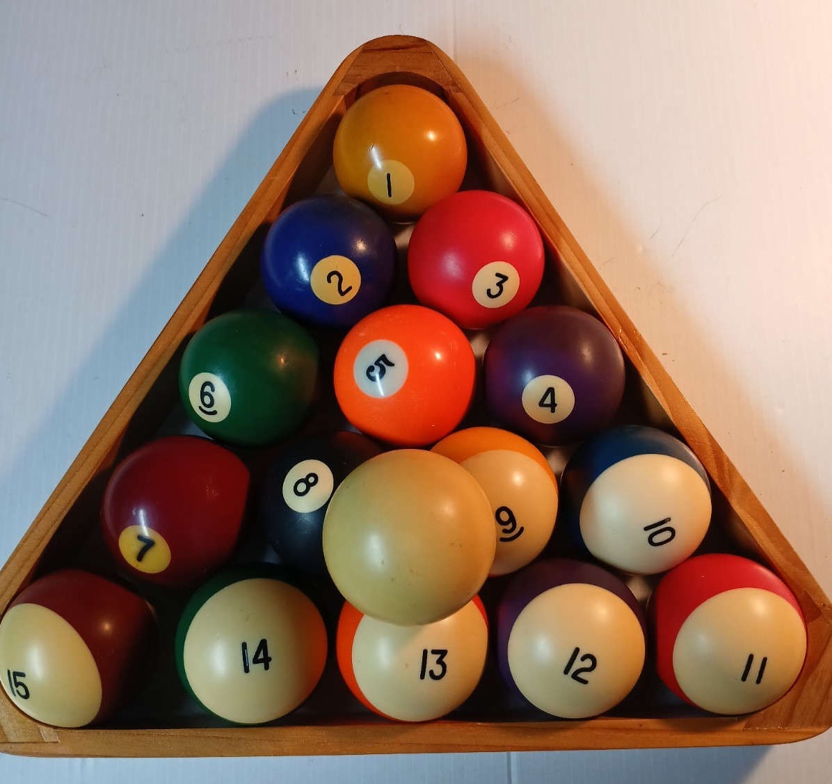 Rare Complete Vintage Billiard Ball Pool Set, 1-15, Cue Ball and Wooden Rack