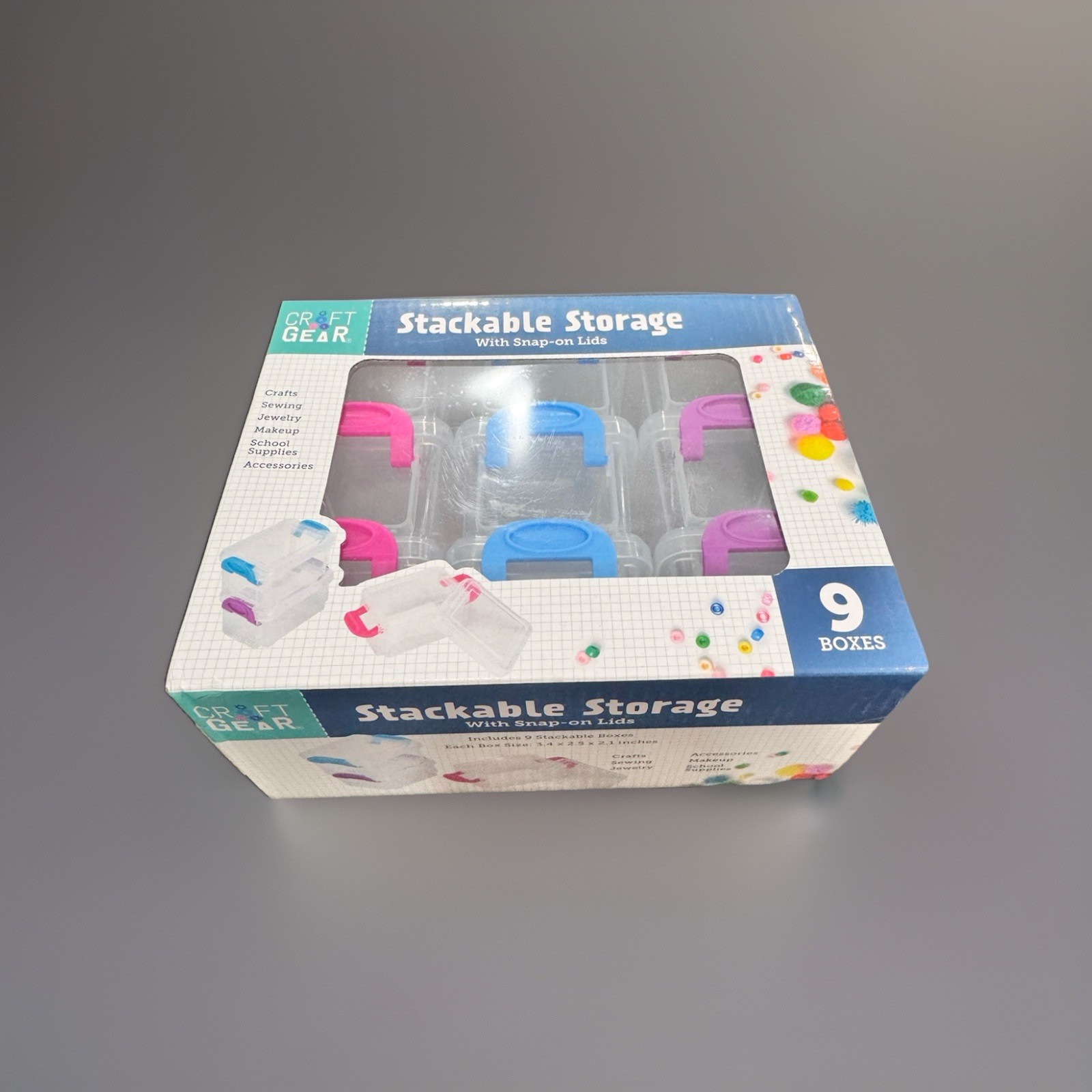 Craft Gear Stackable Storage 9 Plastic Boxes Snap-on Lids Clear Blue Pink Purple