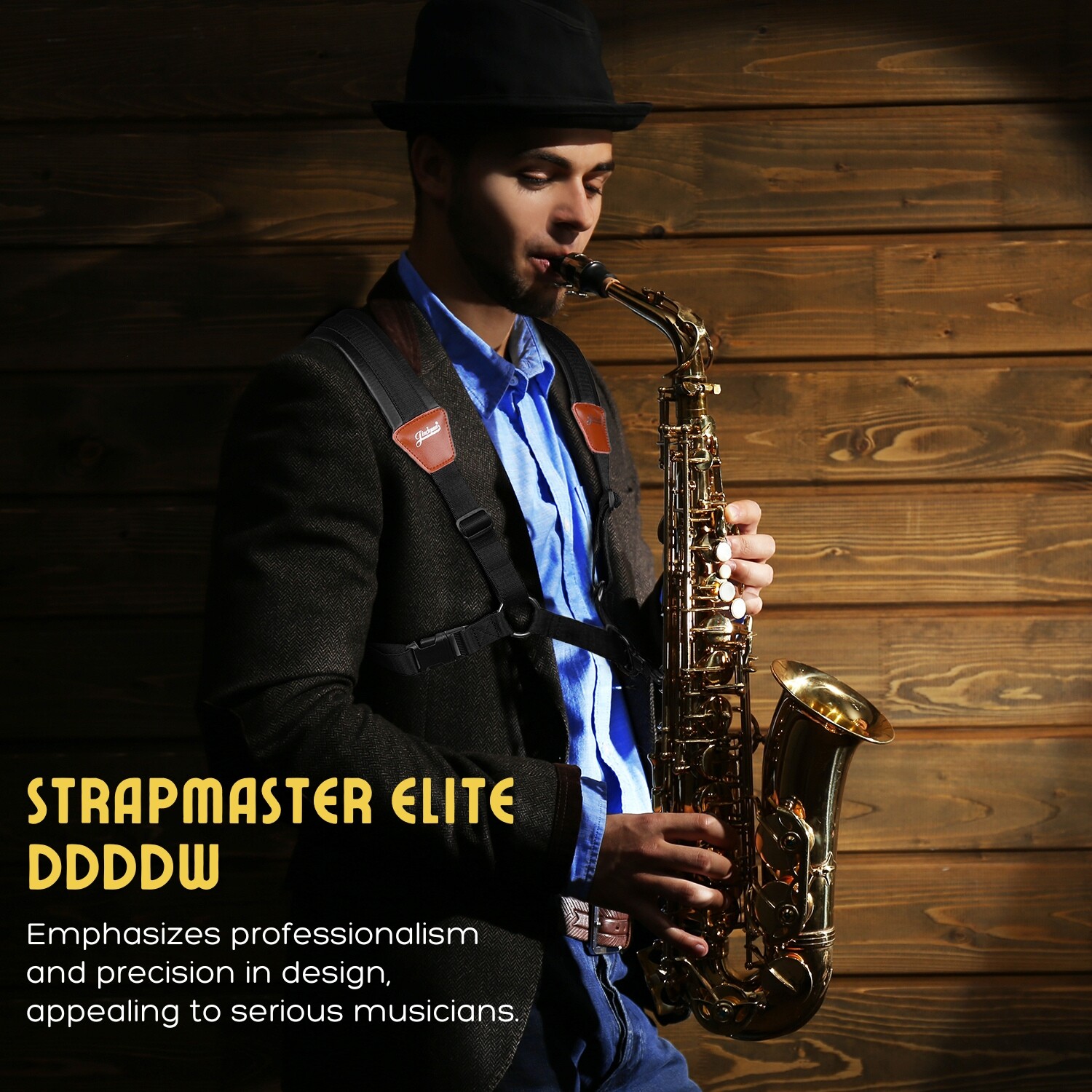 Professional Saxophone Shoulder Strap w/ Adjustable Chest Harness Design, Black