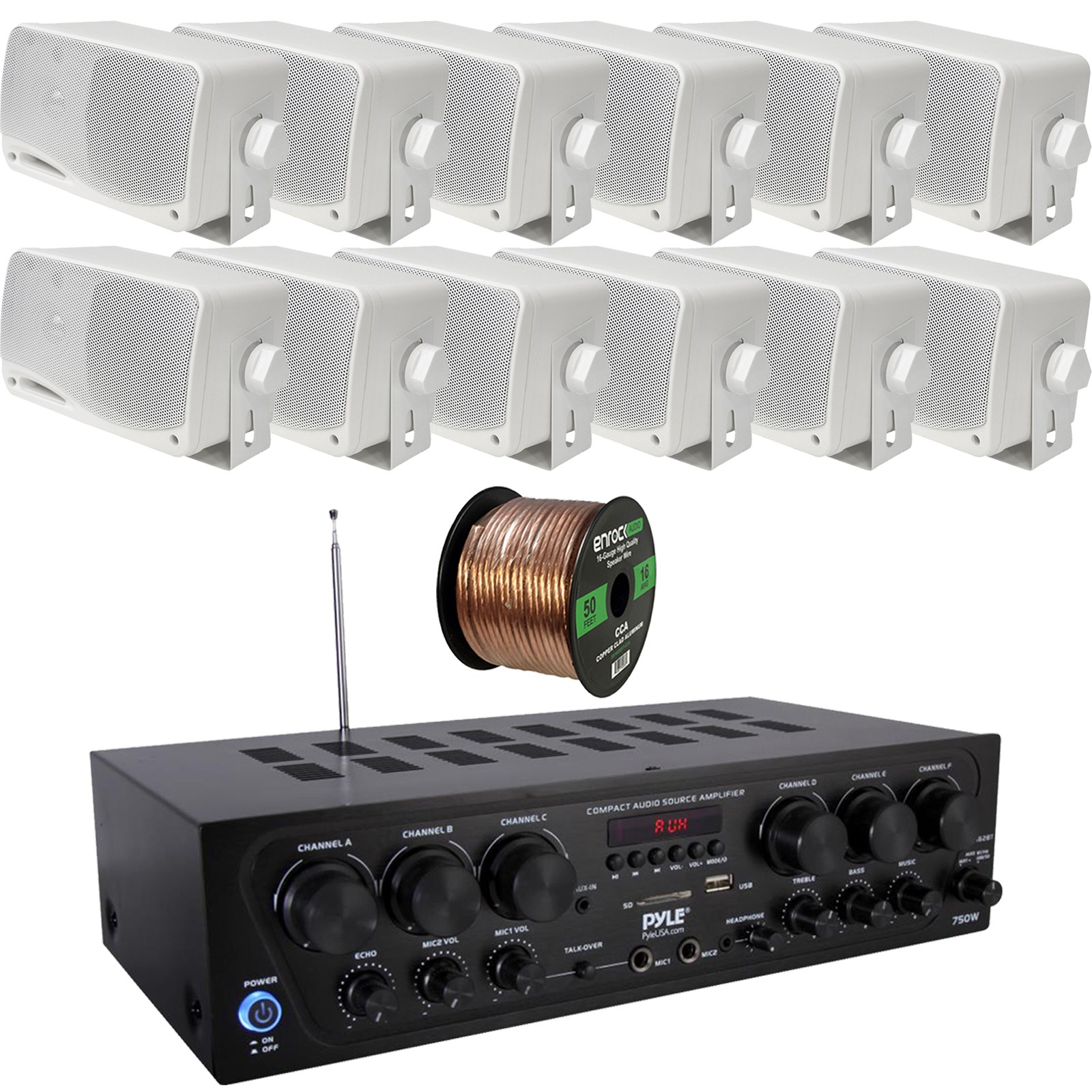 Pyle PTA62BT 6CH Bluetooth Receiver, 12x 3.5" White Waterproof Speakers, Wire