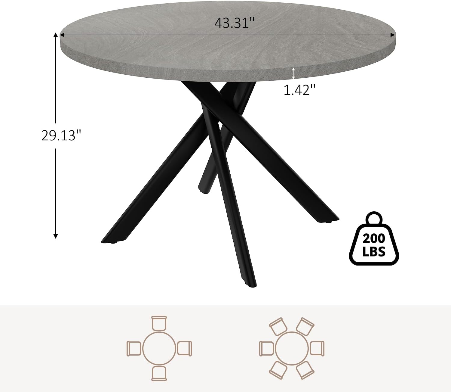 44" round Dining Table for 4, Modern Mid-Century Dining Kitchen Table of 4