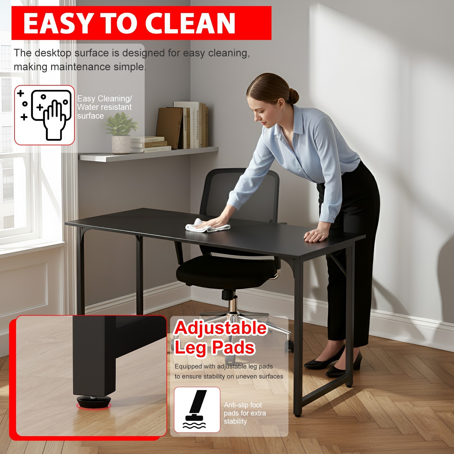 55 Inch Computer Desk Black Office Desk with Metal Frame, Scratchproof Surface