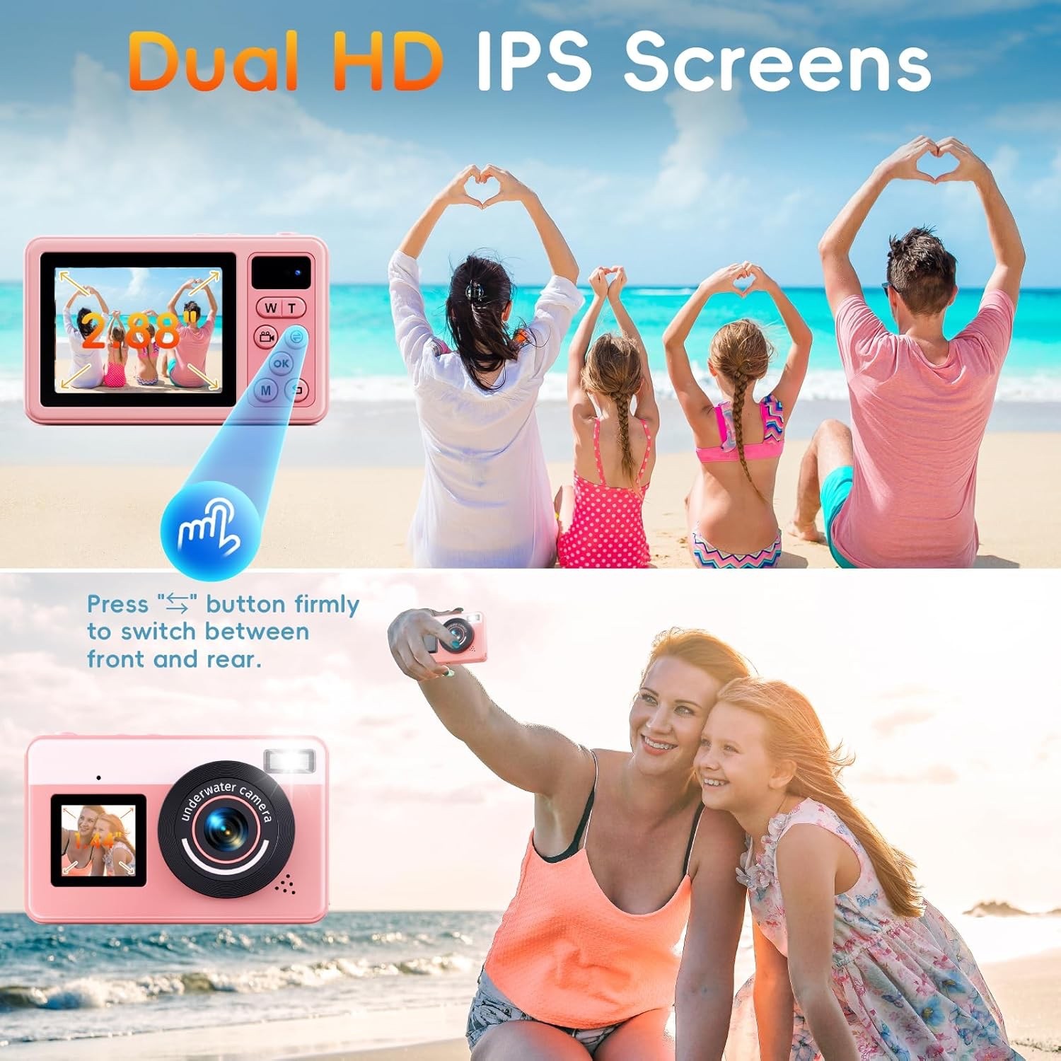 Digital Camera,10FT Underwater Camera with 32G, 2.8'' Dual Screen Waterproof