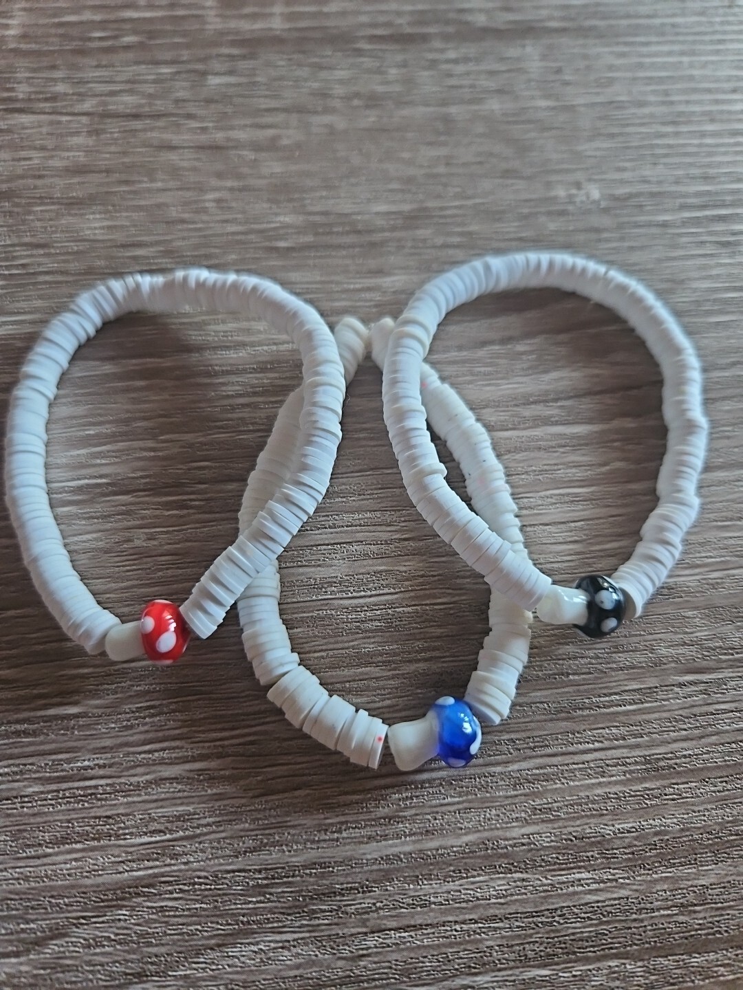 Handmade Stretchy Clay Beaded Mushroom Bracelets Set Of 3 (7")