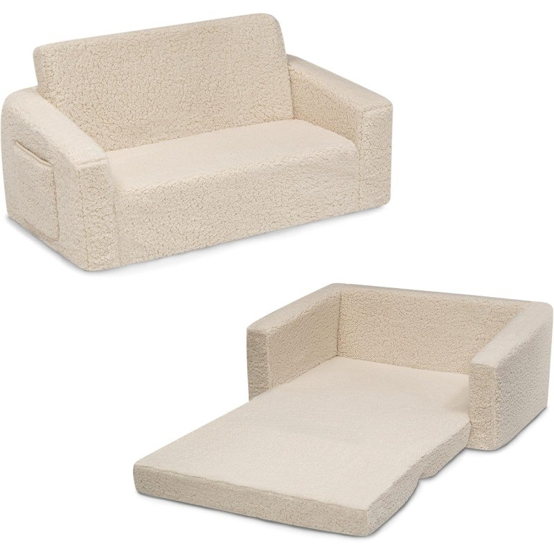 Children Cozee Flip-Out Sherpa 2-in-1 Convertible Sofa to Lounger for Kids,Cream