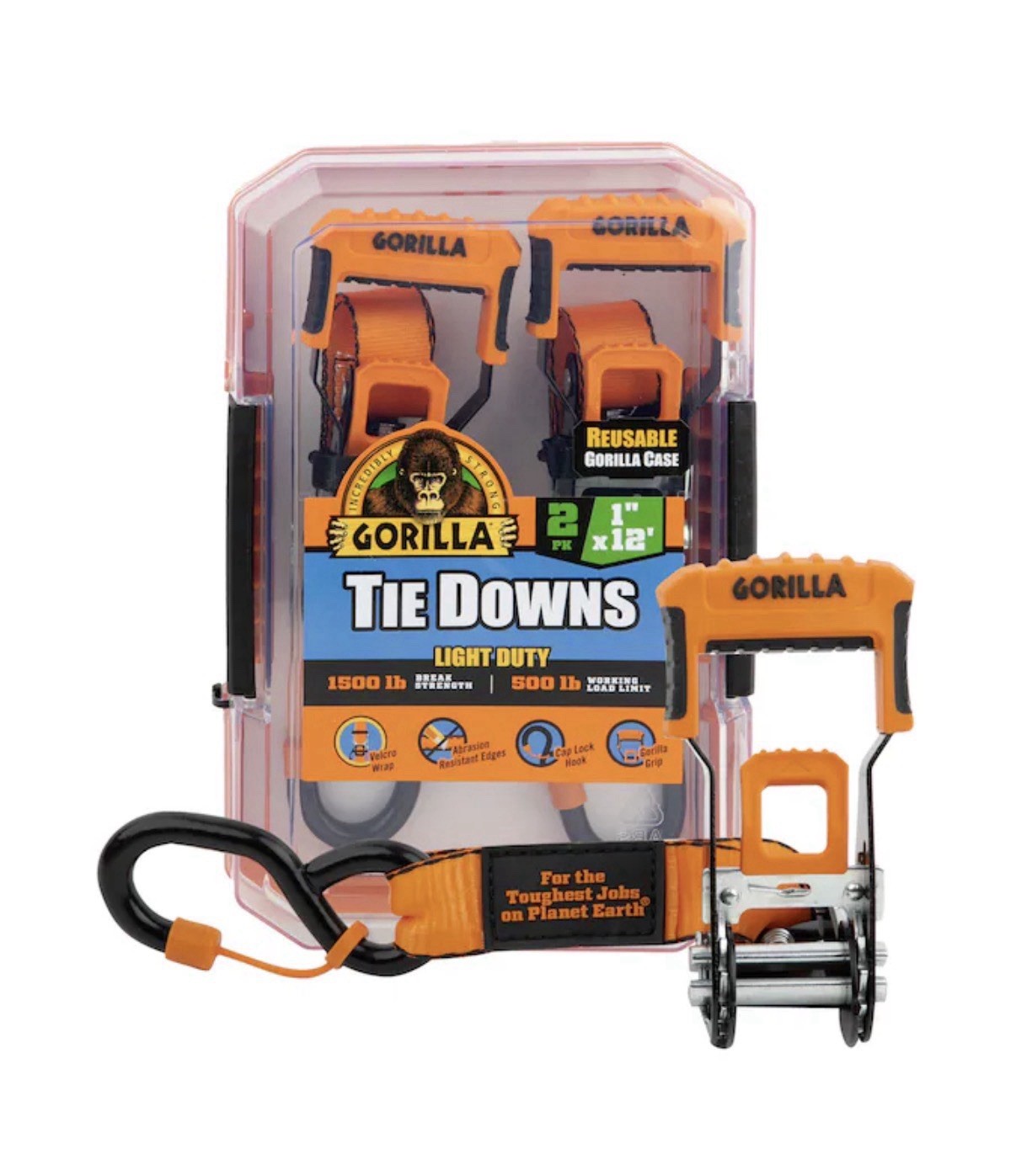 Gorilla 92004 1" x 12' Ratchet Strap 1500lb Cap Lock w/Full S-Hook & Velcro Wrap