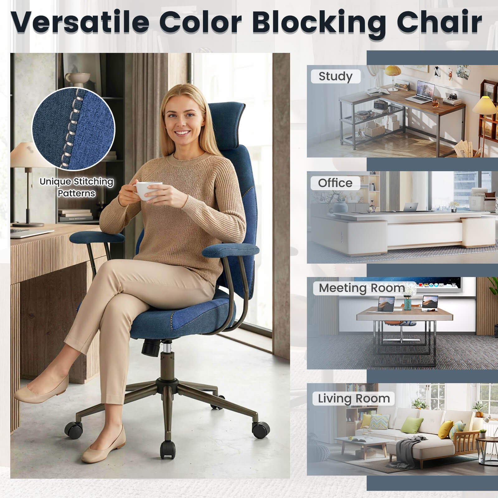Ergonomic Office Chair w/2D Headrest, Rocking Backrest & Wheels, Gaming Chair