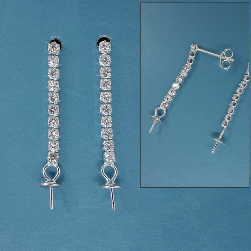 Sterling Silver Cubic Zirconia Pave Flexible Chain Stud Earrings Cap Pin #33541