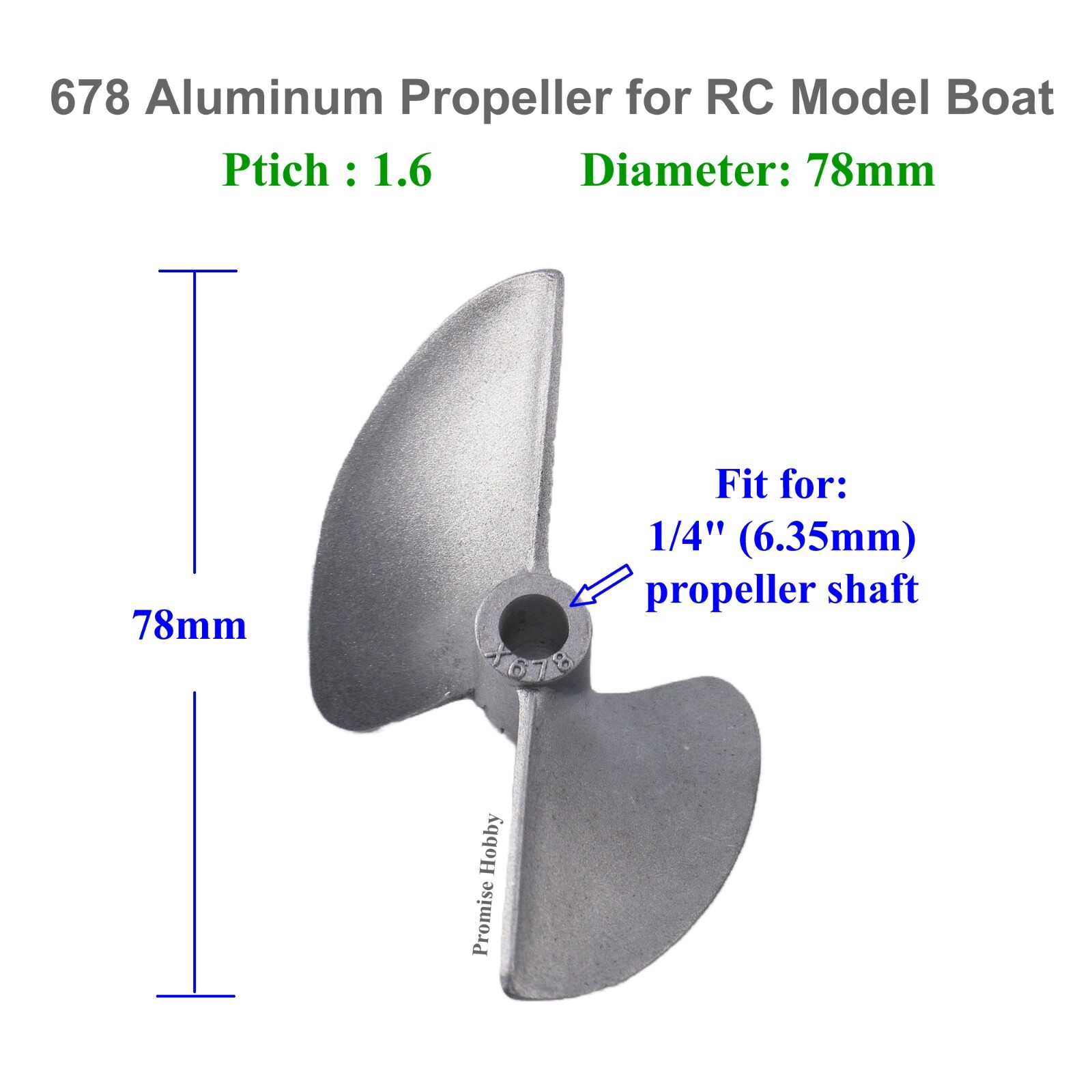 678 Aluminum Propeller Diameter 78mm Pitch 1.6 for 1/4" Shaft Cable RC Boat