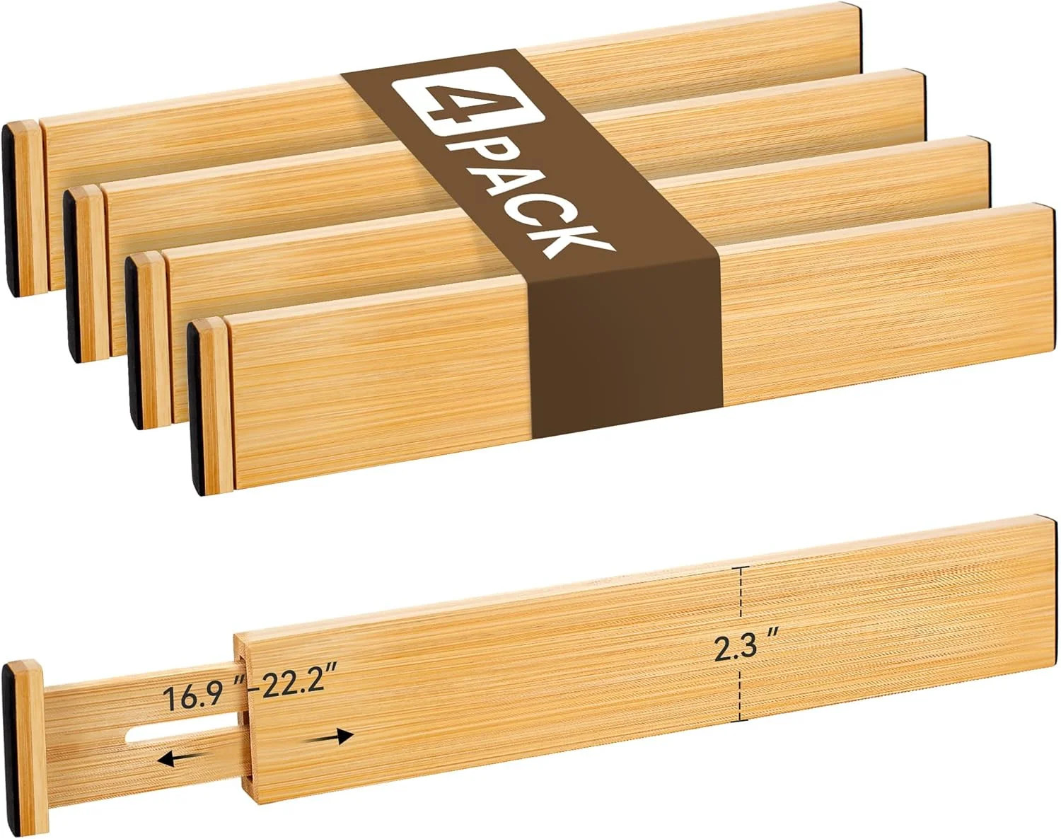 Bamboo Drawer Divider Set of 4, Adjustable Spring-Loaded Drawer Organizer (16.9"