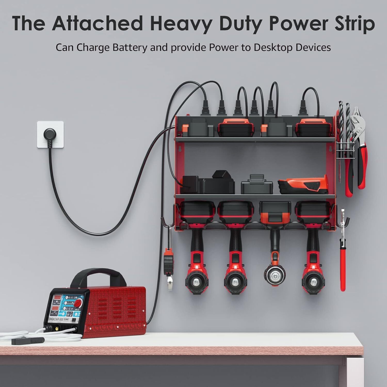 Modular Power Tool Organizer Wall Mount Garage 4 Drill Storage Shelf with Hooks