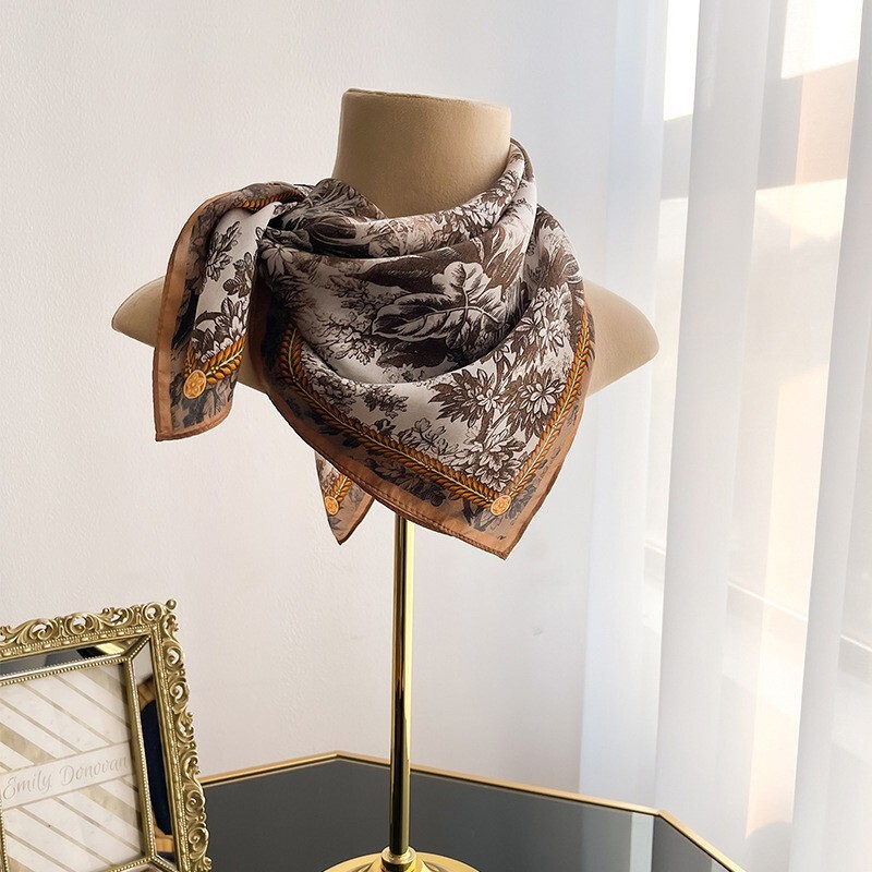 100% Silk Scarf Women Vintage Brown Flowers Kerchief Square Bandana Wrap 68*68cm