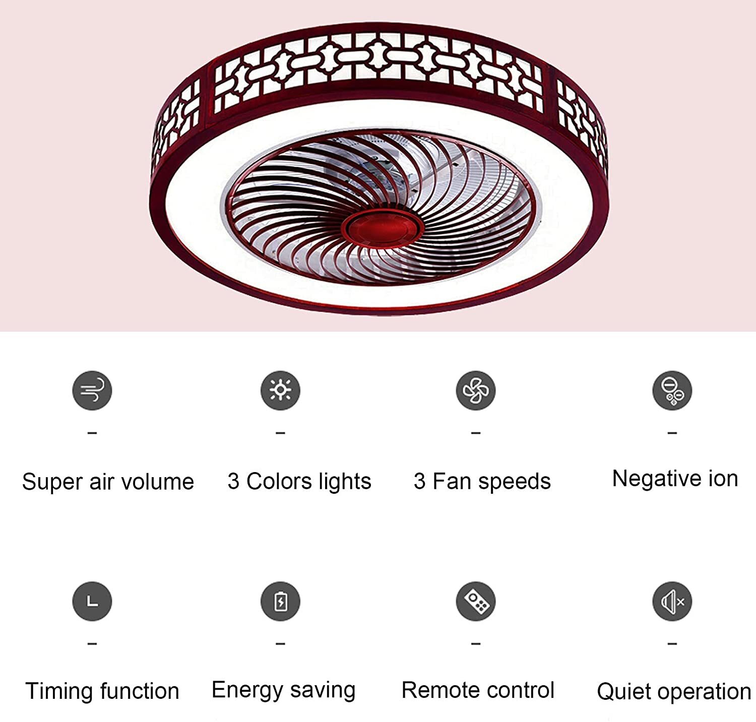 22in Red Ceiling Fan w/Light Remote Control 3-Color Lighting Modes 110V 64W NEW