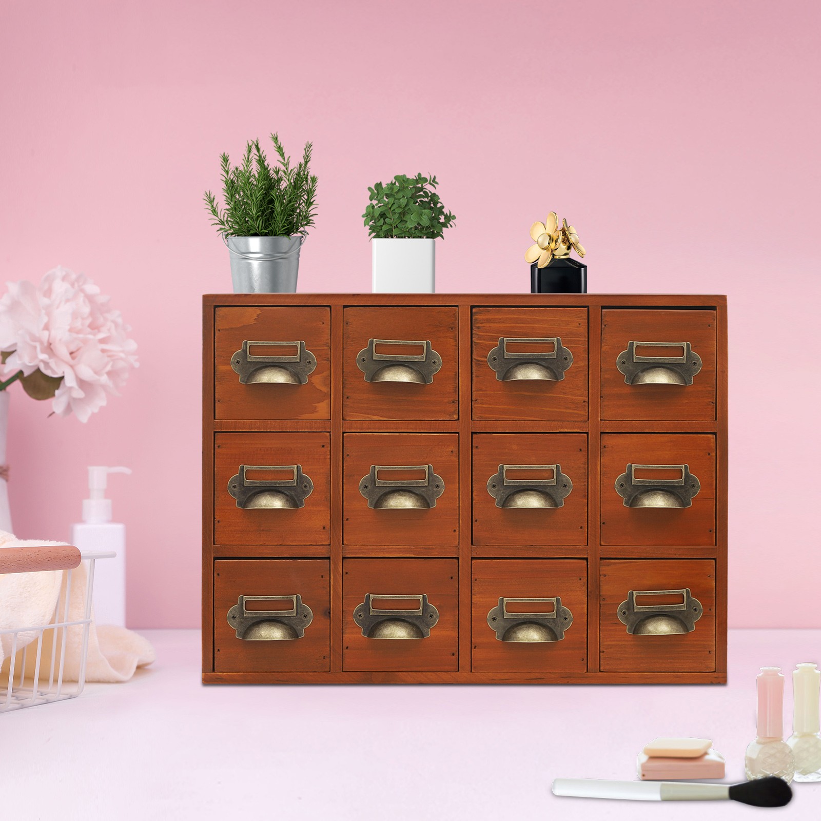 12 Drawers Wooden Desktop Organizer Home Storage Case Cosmetic Dresser Box Brown