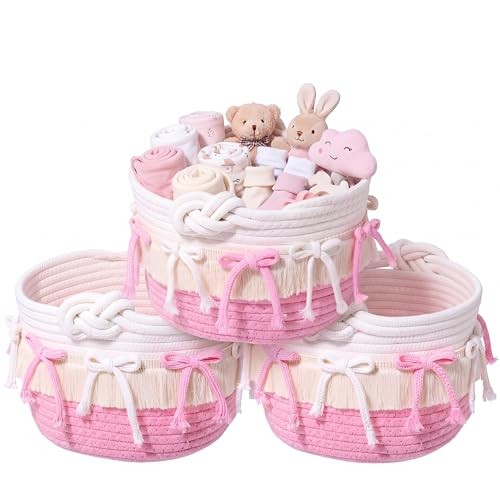 Novabright 3 Pcs Pink Bow Baskets Gifts Coquette Bow Cotton Rope Storage